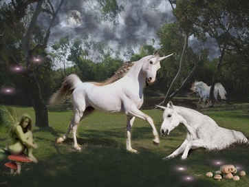 painting of white unicorns in a field