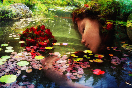 visionary dream like painting of woman and reflection in pond with flowers