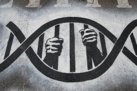 dna symbol and hands on bars painting