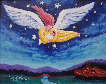 angel flying to earth with baby
