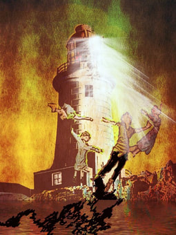 spiritual painting of lighthouse and people levitating in light
