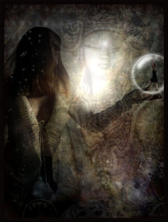 spiritual woman holding orb, deity in background
