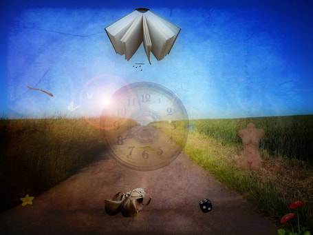 surreal mystical clock and book in sky and landscape