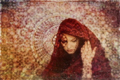 spiritual woman in red cloak, hand to ear, spirals in background