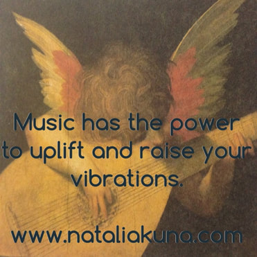 music raises vibrations quote by natalia kuna, image of angel playing instrument