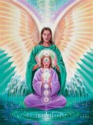 Archangel Raphael giving healing to a person's energy system / chakras