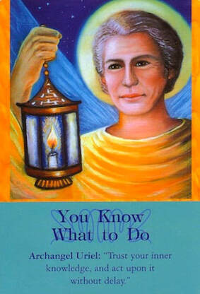 'You Know What to Do' Archangel Uriel oracle card by Doreen Virtue, holding a lantern
