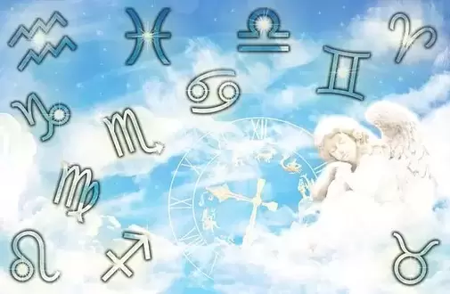 zodiac star signs in sky with angels and time